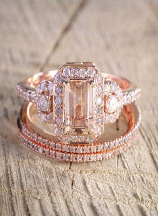 LRGKMCWTOB Fashion Elegant Women Gorgeous 18K Rose Gold Filled Morganite Ring Engagement Bridal Women Jewelry Set Size 6-10 (US 6) - Image 3